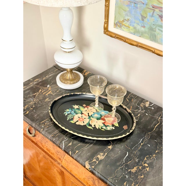 Black Vintage Chippy Hand Painted Floral Toleware Tray For Sale - Image 8 of 8