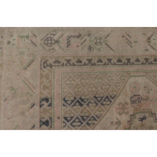 Vintage Turkish Tribal Medallion Oushak in Muted Green, Pink, and Off White For Sale - Image 9 of 16