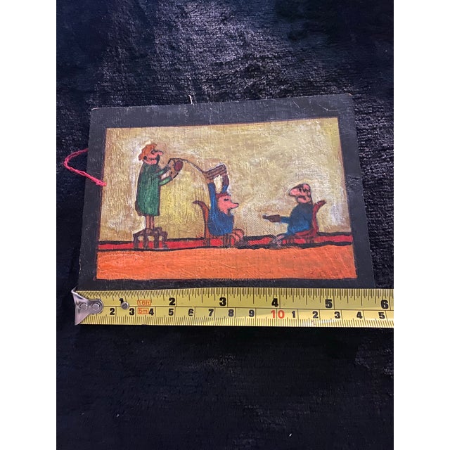 Yellow A Miniature Framed Naive Folk Art Painting From France Depicting Three Figures For Sale - Image 8 of 12