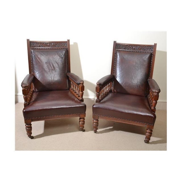 Antique English Lounge Chairs Walnut and Leather, 1800s, Set of 2 For Sale - Image 16 of 18