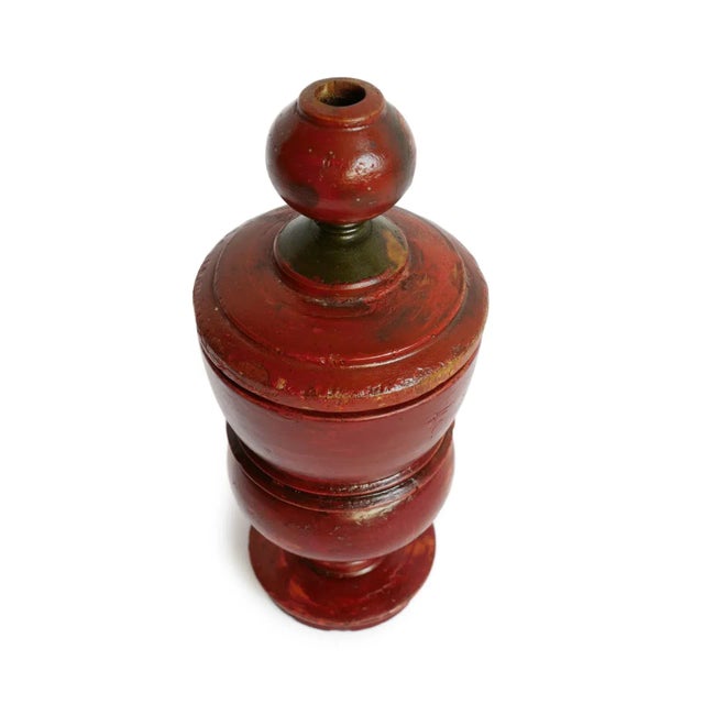 Antique Burmese lacquerware container hand-turned from wood and finished in richly layered cinnabar red lacquer with...