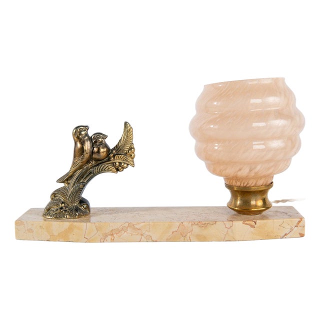 1930s French Art Deco Light Fixture Table Lamp With Rose Gold Globe Shade & Birds For Sale