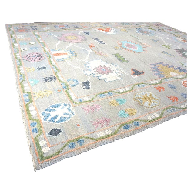21st Century Turkish Oushak Wool 9x12 Gray, Ivory, Orange & Green Handmade Area Rug #1144212 For Sale - Image 10 of 13