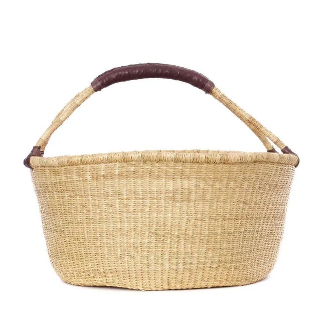 Tribal Oversized Bolga Basket With Leather Handle For Sale - Image 3 of 4