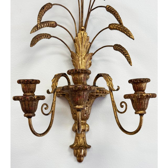 Wood Vintage Italian Gilt Wood Tole Sheaf of Wheat Candle Sconces, a Pair For Sale - Image 7 of 9