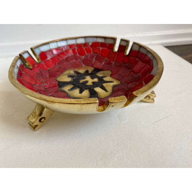 Gorgeous red black and gold mosaic glass tile and brass footed bowl hand wrought by Mexican artist Salvador Teran....