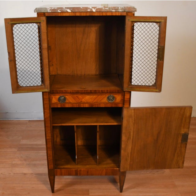 1900 - 1909 1900s Antique French Louis XVI Walnut Satinwood Inlay & Marble Top Cabinet For Sale - Image 5 of 12
