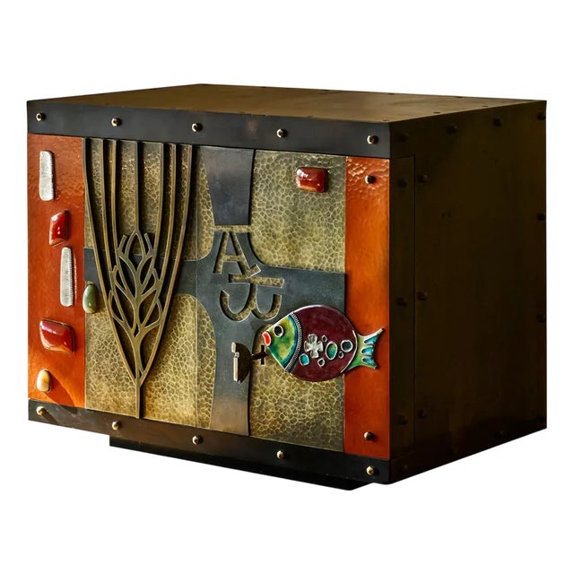 Mid-Century Cabinet in Brass, Metal, Enamel and Gemstones, Belgium, 1960s For Sale