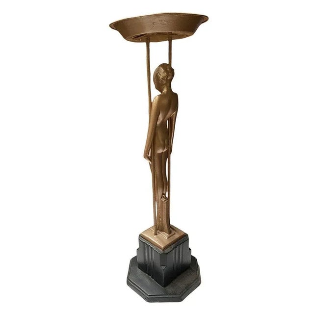Art Deco Frankart Style Copper-Tone Nude “Sarcophagus Girl“ Cocktail Smoker Ashtray Stand For Sale - Image 3 of 12