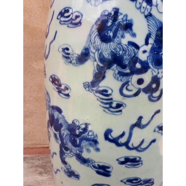 Large Celadon Vase with Shishis Decor, China, 19th Century For Sale - Image 3 of 16