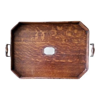 1910 English Metal Mounted Oak Tray For Sale