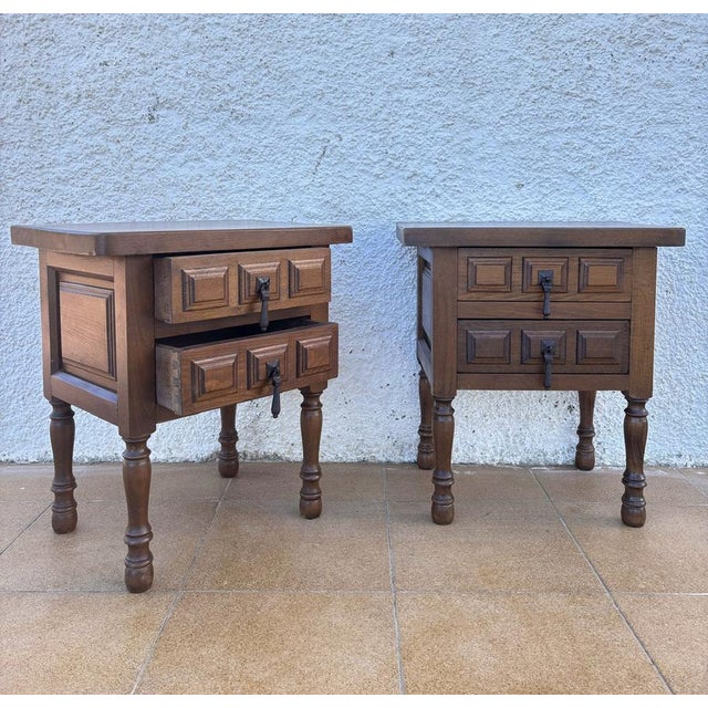 Mid-Century Spanish Rustic Wood Bedside Tables, 1940s, Set of 2 For Sale - Image 9 of 12