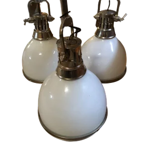 Large Chrome and White Opaque Glass Industrial Pendants -Set of 3