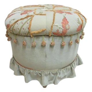 1990s Lauren Brooks Vanguard Puff Ottoman Italian Crewel Stitch Ottoman Foot Stools For Sale