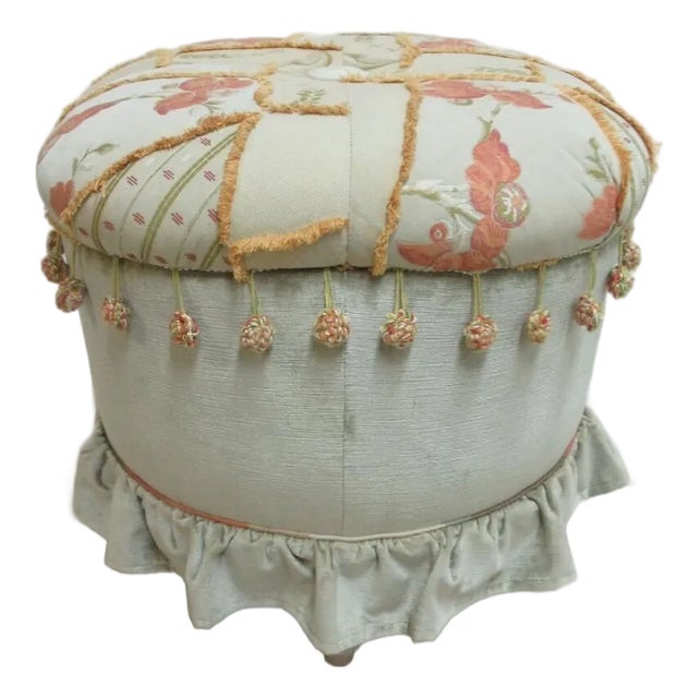 1990s Lauren Brooks Vanguard Puff Ottoman Italian Crewel Stitch Ottoman Foot Stools For Sale