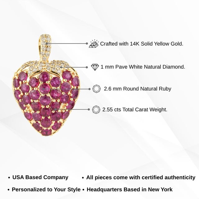 Whimsical Ruby Strawberry Pendant 2.55ct in 14k Yellow Gold With Pave Diamonds For Sale - Image 14 of 17