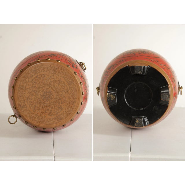 Asian Inspired Pair Hand Painted Wooden Drum Stools For Sale - Image 9 of 12
