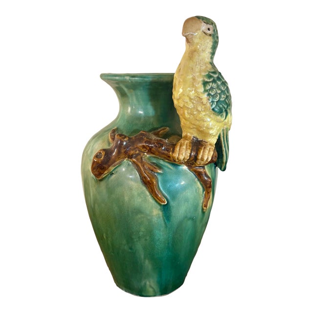 1950s Italian Majolica Coastal Parrot Vase - Hand Painted Ceramic For Sale