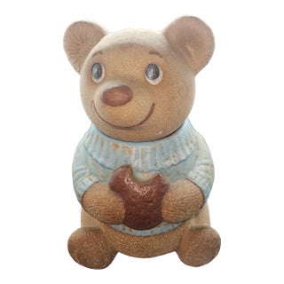 Vintage Teddy Bear Blue Sweater Ceramic Cookie Jar by Merlot Poppytrail For Sale