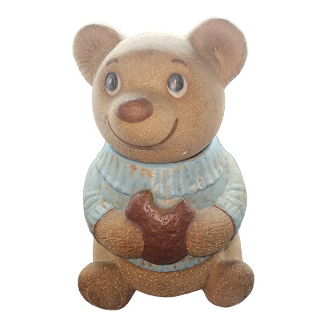 Vintage Teddy Bear Blue Sweater Ceramic Cookie Jar by Merlot Poppytrail For Sale