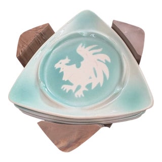Mid Century Airbrushed Pottery Green and White Rooster Stackable Coasters in Tray For Sale