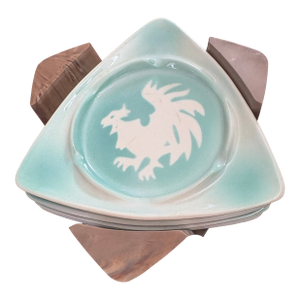 Mid Century Airbrushed Pottery Green and White Rooster Stackable Coasters in Tray