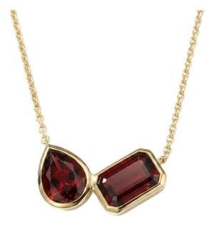 Garnet Toi Et Moi Pendant Necklace in 18k Gold Plated, Emerald & Pear Cut January Birthstone Jewelry