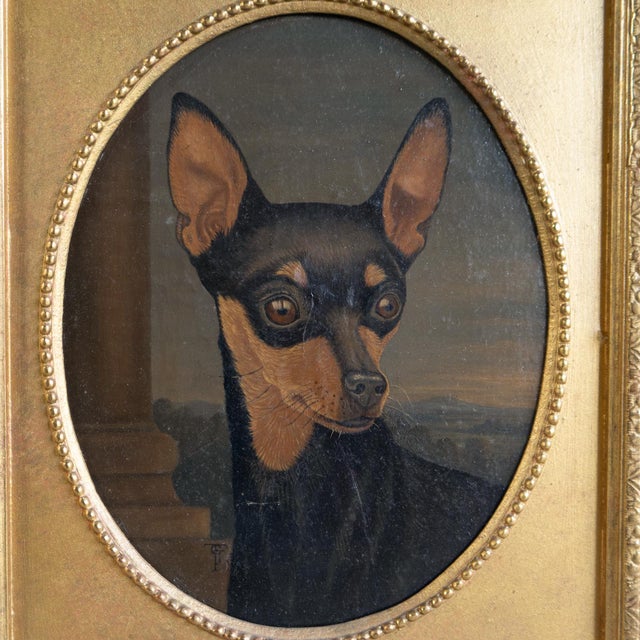 ANTIQUE ORIGINAL OIL ON CANVAS PAINTING DEPICTING A MINIATURE PINSCHER (ZWERGPINSCHER) Depicting a cheeky chappy with bags...