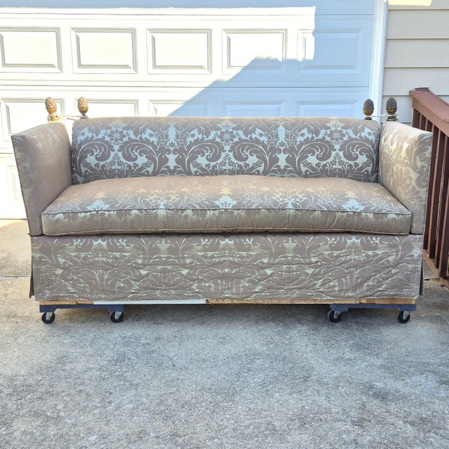 Beige Vintage George Smith Style Silk Damask Knole Sofa 81” Long With Hinged Sides Pineapple Finials Down Cushions For Sale - Image 8 of 17