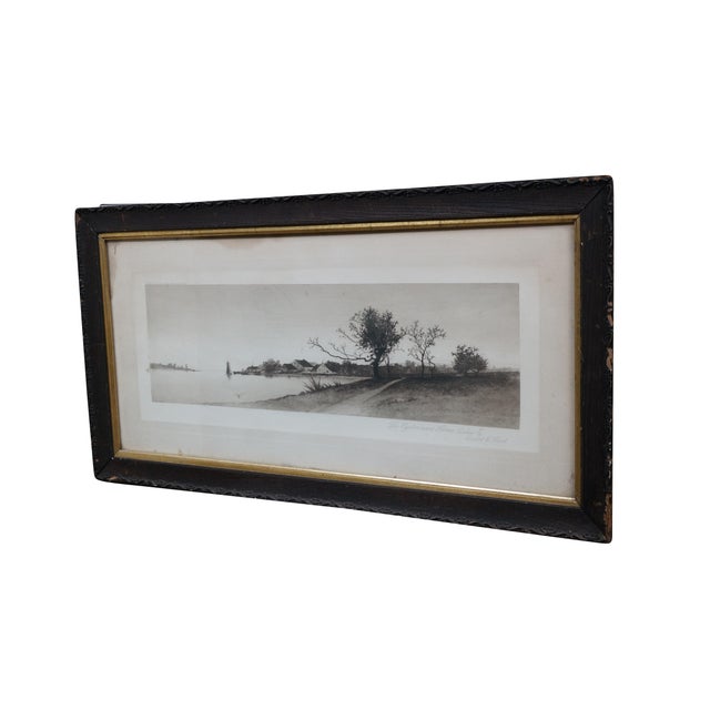 Antique panoramic etching titled The Oysterman's Home, by Ernest Christian Rost. It features a wide horizontal coastal...