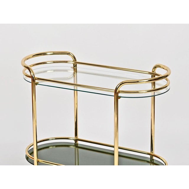 Mid-Century Italian Serving Bar Cart in Gilt Metal and Green Mirror Glass, 1970s For Sale - Image 9 of 10