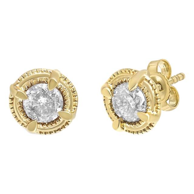 14K Yellow Gold Plated .925 Sterling Silver 1-1/2 Cttw Round Brilliant Cut Diamond Solitaire Milgrain Stud Earrings (K-L Color, I2-I3 Clarity) For Sale