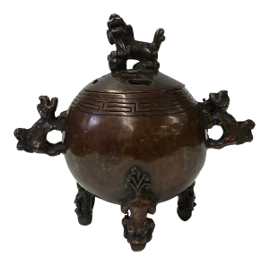Oriental Brown Finish Metal Incense Burner With Foo Dogs Accent Lid