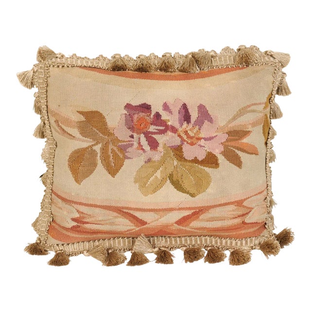 19th Century French Aubusson Tapestry Pillow with Purple Flowers & Tassels For Sale