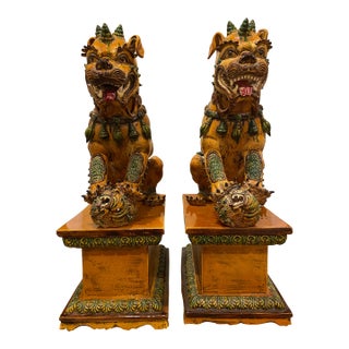 20th Century Large Pair of Chinese Guardian Lion “Foo Dogs” With Decorative Pedestal Base For Sale