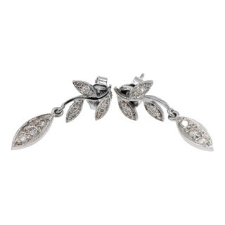 18k 750 Solid White Gold Marquise Shape Natural Diamond Leaf Drop Earrings, A Pair For Sale