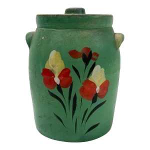 Antique Green Hand-Painted Floral Motif Lidded Crock