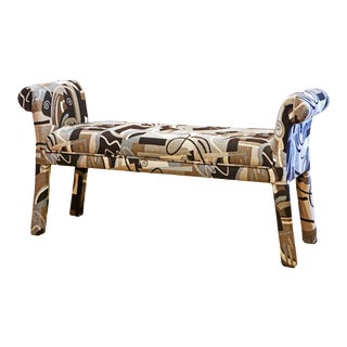 Mid-Century Style Abstract Fabric Covered Modern Rolled Arms Window Bench For Sale