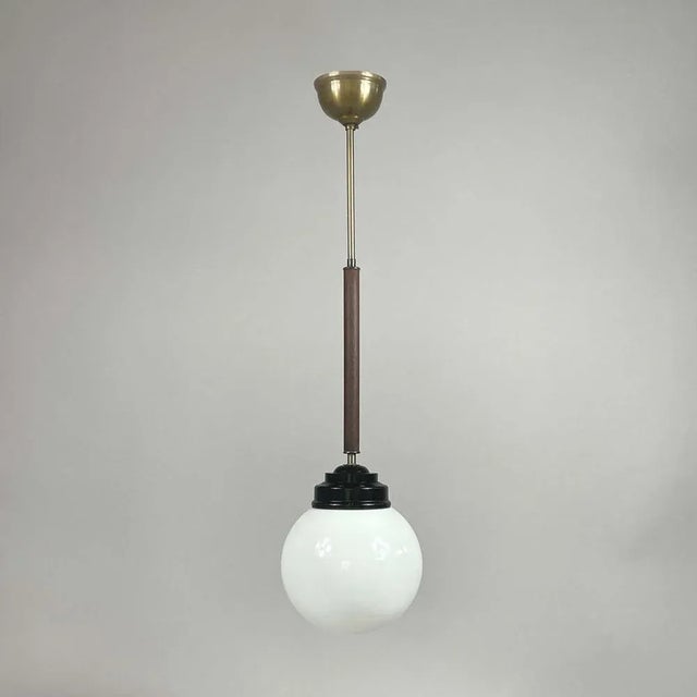 Opaline Glass, Bakelite and Wood Pendant from Sieverts Kabelverk, Sweden, 1940s For Sale - Image 4 of 15