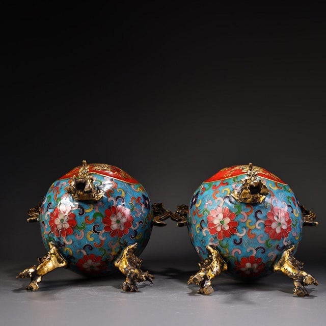 Late 19th Century Late 19th Century Pair of Cloisonné Enamel Tripod Censers With Phoenix Finials, 2200g Total For Sale - Image 5 of 10