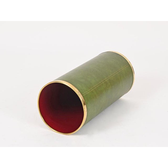 Gold Mid-Century Green Leatherette and Brass Umbrella Stand from Aldo Tura, Italy, 1970s For Sale - Image 8 of 13