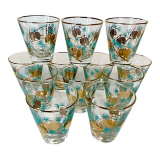 1960s Mid-Century Arts & Crafts Rustic Pinecone Lowballs With Turquoise and Gold- Set of 12 For Sale