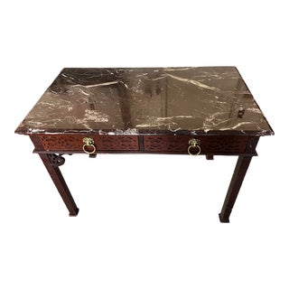 1950s Fancher Furniture Dedalo Chinoiserie Style Red Marble Desk with Lion Heads For Sale