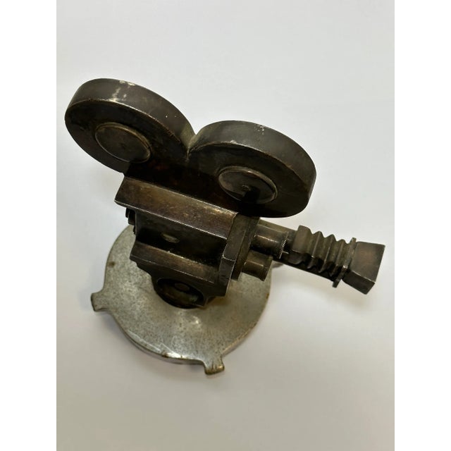 Early 20th Century Early 20th Century Small Art Deco Movie Director Reel Camera Classic Car Mascot Sculpture With Verdigris For Sale - Image 5 of 13