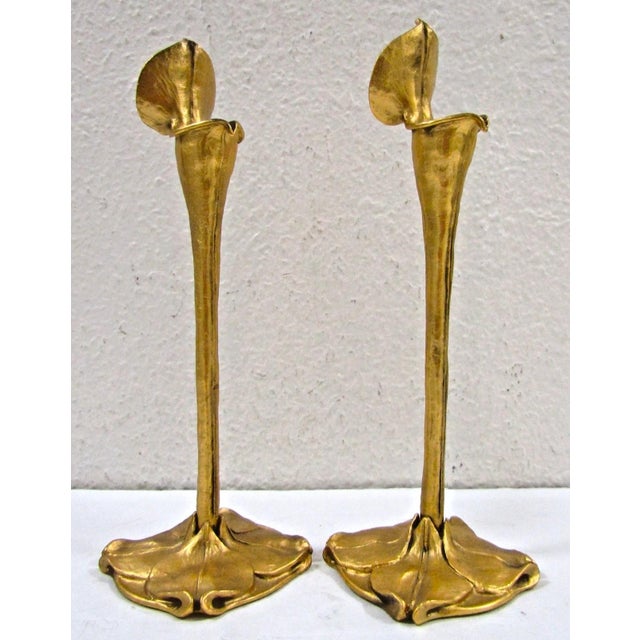 Pair of German Art Nouveau / Jugendstil Gilded Bronze Calla Lily Candlesticks attributed to Richard Muller Each has a 3...