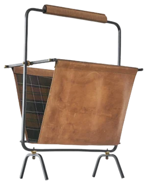 Mid-Century Magazine Rack in Patinated Cognac Leather, Brass and Metal, 1940s