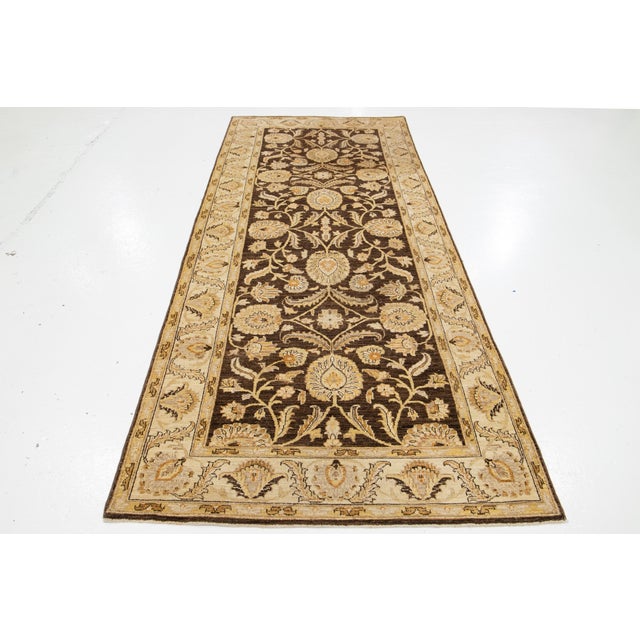 Modern Peshawar Handmade Brown Floral Wool Runner For Sale - Image 11 of 12