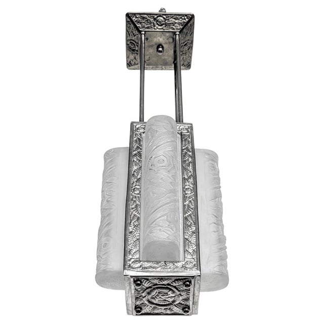 French Art Deco chandelier/ Lantern was created by the French Artist " Charles Schneider ". Square shaped nickel bronze...