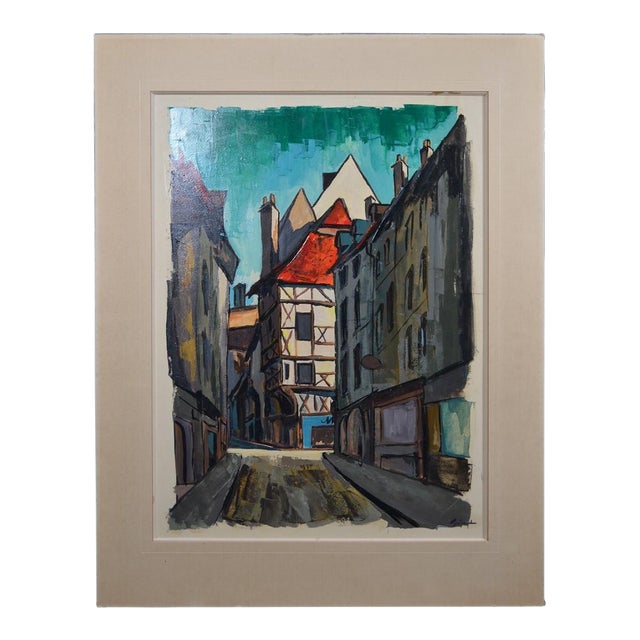 1960s Juilaud (20th-Century French Artist) Mid-Century Street Scene With Half-Timbered House For Sale