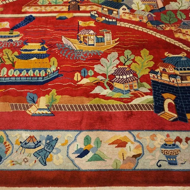 Textile 1920s Red Landscape Scene Antique Chinese Art Deco Rug 9'x11' 9" Nichols Workshop Carpet For Sale - Image 7 of 12